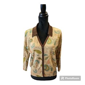 Jones Wear Silk Blend Cardigan Sweater Paisley Tan Brown Lime Blue Womens Size L